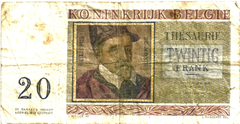 Belgium 20 Francs 1950, P132a, VG/F