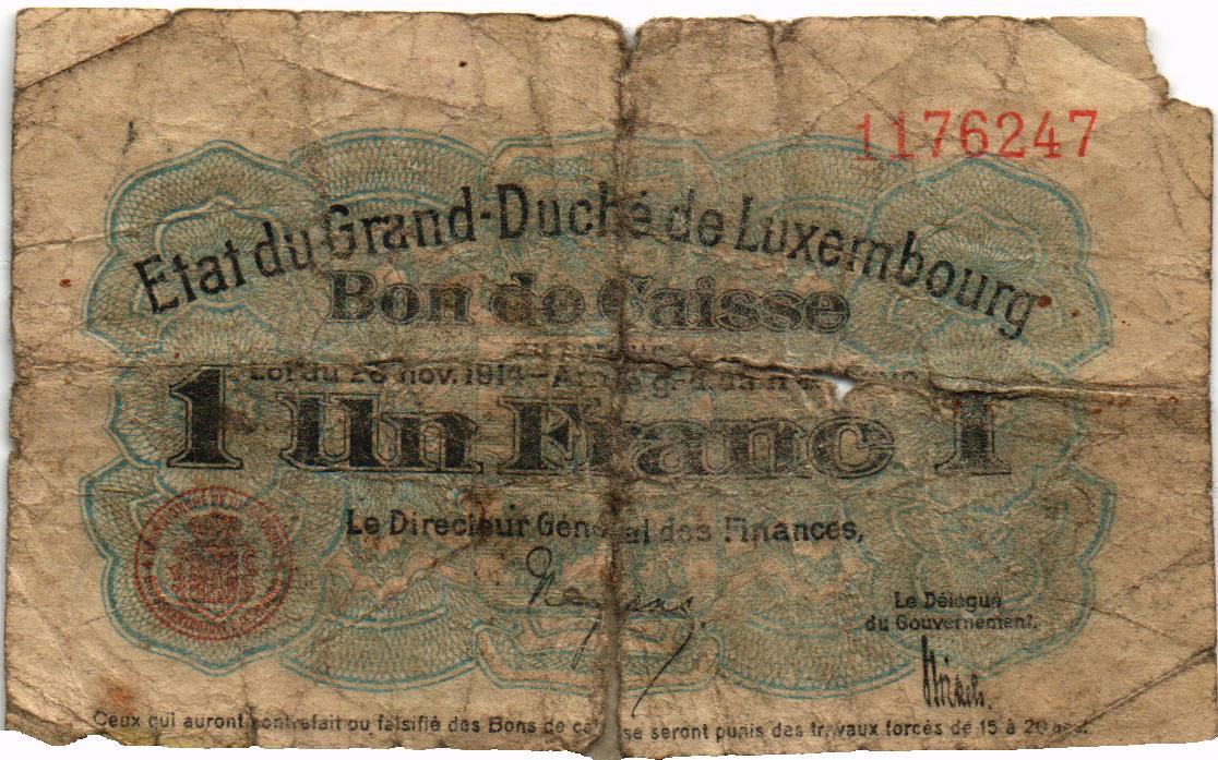 Luxembourg 1 Franc 1914-1918, P27, Poor