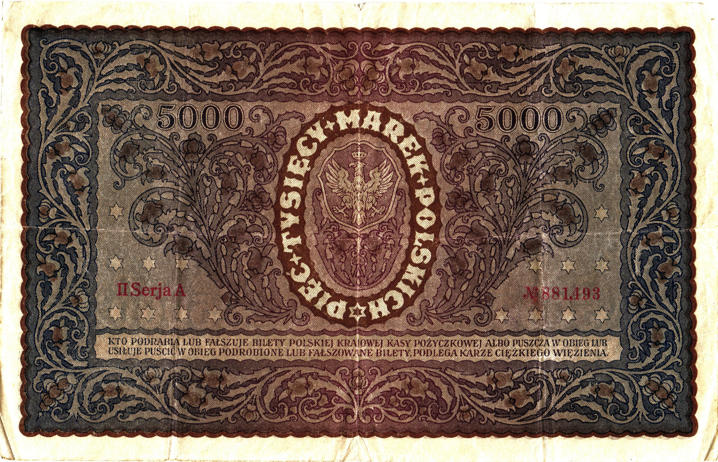 Poland 5000 Mark 1920, P31.2 Serie III, F/VF