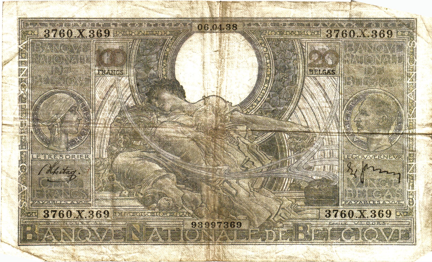 Belgium 20 Belgas 06.04.38, P107, G