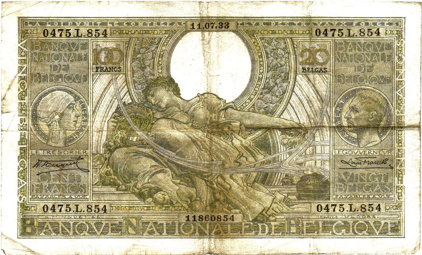 Belgium 20 Belgas 11.07.33, P107, VG