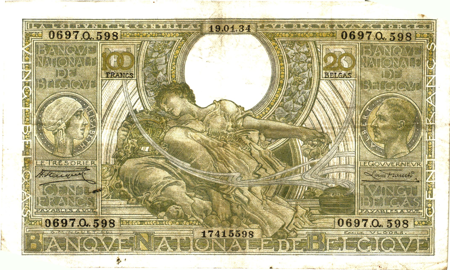 Belgium 20 Belgas 19.01.34, P107, VG