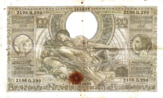Belgium 20 Belgas 19.10.1935, P107, burnmark on note