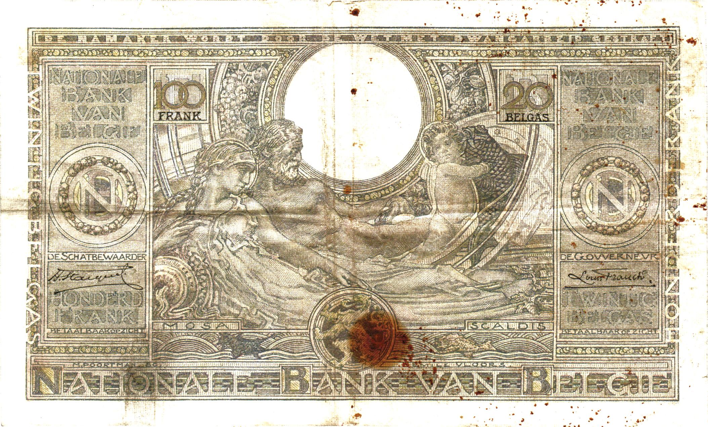 Belgium 20 Belgas 19.10.1935, P107, burnmark on note