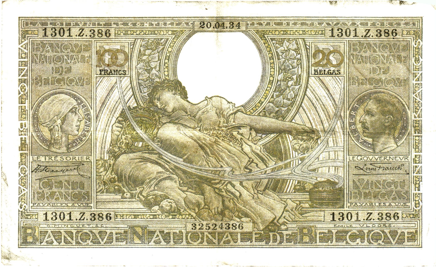 Belgium 20 Belgas 20.04.34, P107, VG