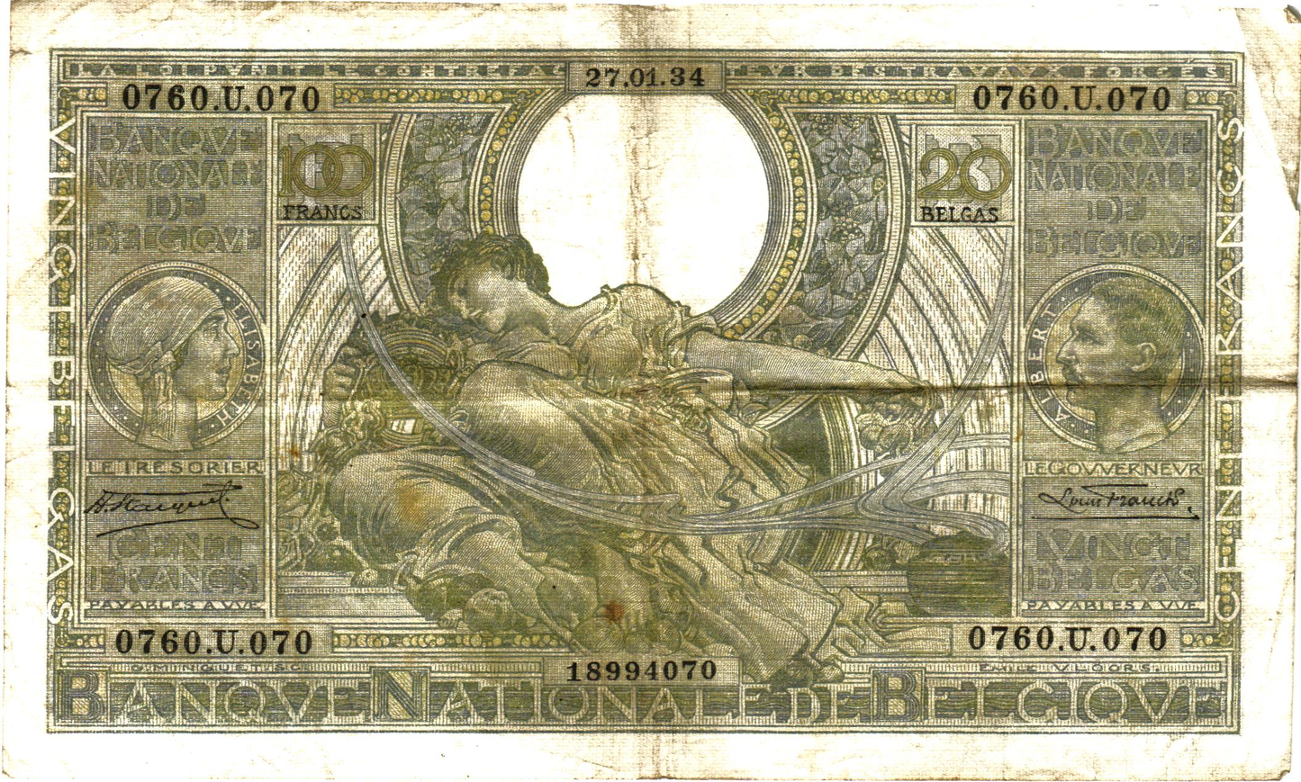 Belgium 20 Belgas 27.01.34, P107, VG