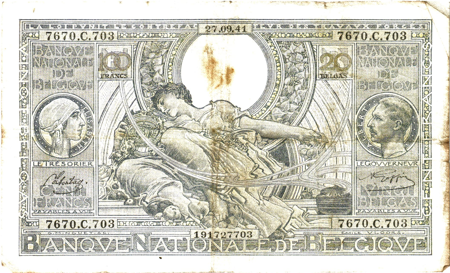 Belgium 20 Belgas 27.09.41, P107, G