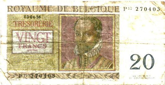 Belgium 20 Francs 1950, P132a, VG/F