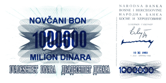 Bosnia 1000000 Dinara 1993, P35B, blauwe overdruk, UNC