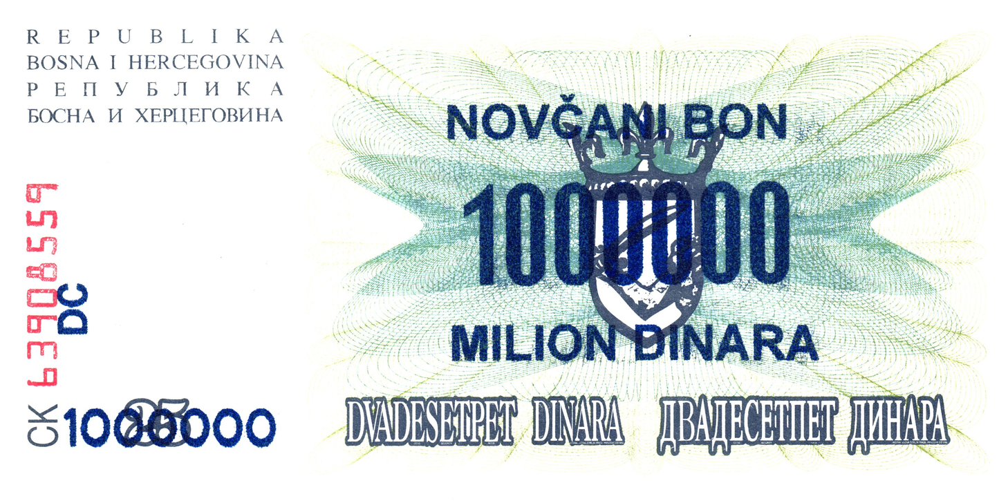 Bosnia 1000000 Dinara 1993, P35B, blauwe overdruk, UNC