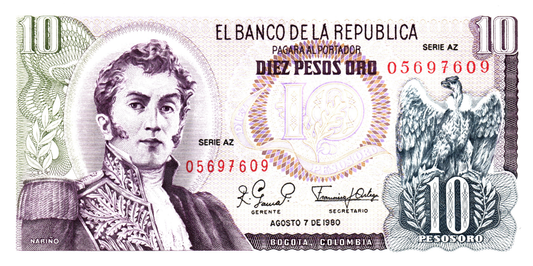 Colombia 10 Pesos 1980, P407h, UNC