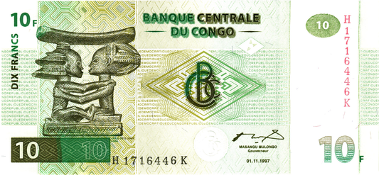 Congo DR 10 Francs 1997, P87B, UNC
