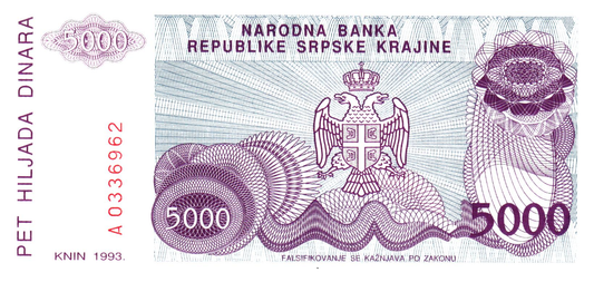 Croatia 5000 Dinara 1993, Knin, PR20, UNC
