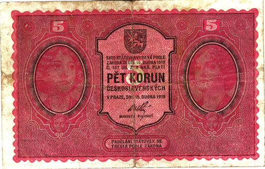 Czechoslovakia 5 Korun 1919, P7a, VG