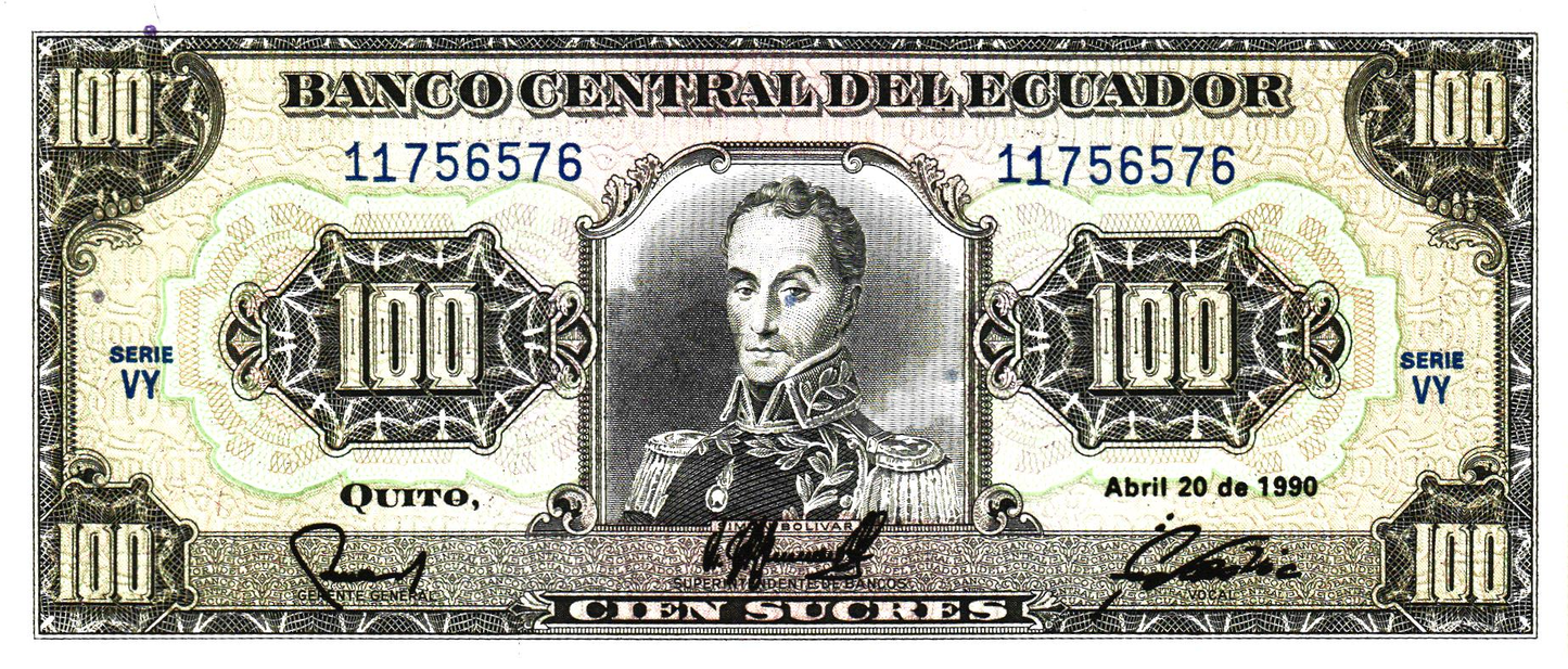 Ecuador 100 Sucres 1990, Series VY, P123, UNC