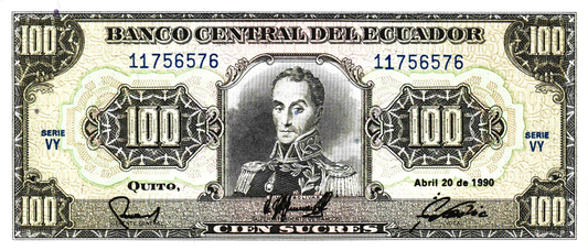 Ecuador 100 Sucres 1990, Series VY, P123, UNC