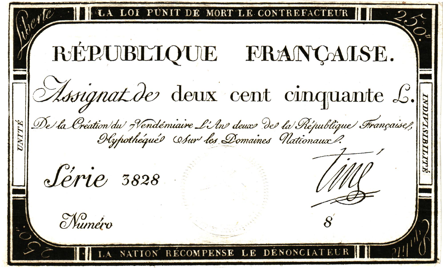 France Assignat 250 Livres 1793, PA75, Serie 3828, EX