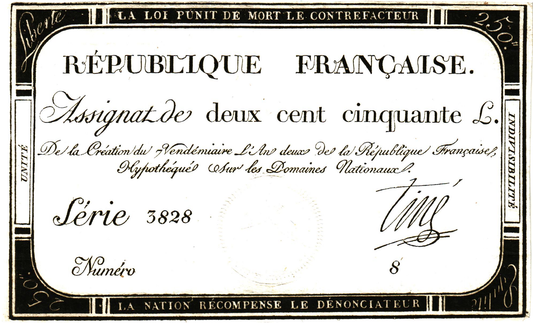 France Assignat 250 Livres 1793, PA75, Serie 3828, EX