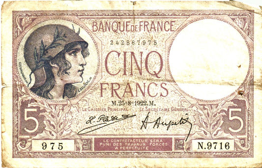 France 5 Francs 1922, F.03/06, P#72c - 1-5 / 25-8-1922, alphabet 8201-11416