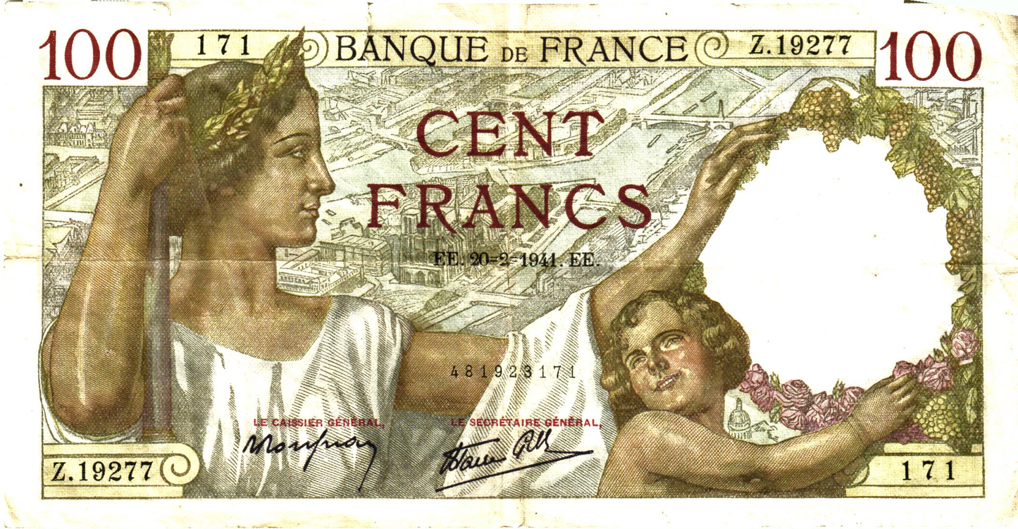 France 100 Francs 1941, F.26/47, P#94 - alphabet 19177-19656, VG