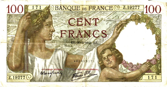 France 100 Francs 1941, F.26/47, P#94 - alphabet 19177-19656, VG