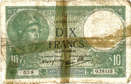 France 10 Francs 1939,  F#07/14, P#84 alphabet 75697-76272