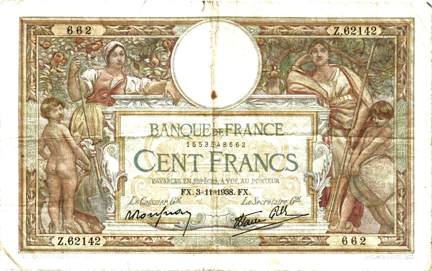 France 100 Francs 2938,  F#25/34, P#86b, alphabet 62001-62500