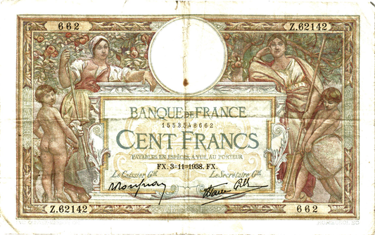 France 100 Francs 2938,  F#25/34, P#86b, alphabet 62001-62500