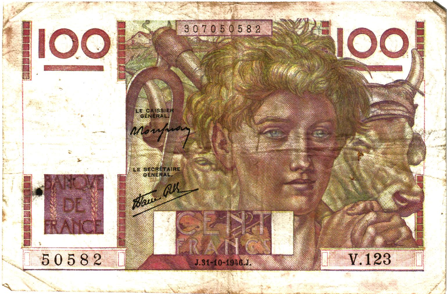 France 100 Francs 1946,  Fay#28/10 - P#128a - alphabet 115-132, VG