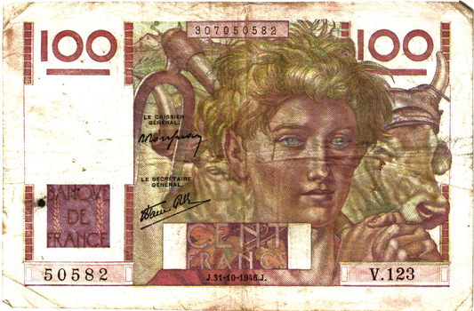 France 100 Francs 1946,  Fay#28/10 - P#128a - alphabet 115-132, VG