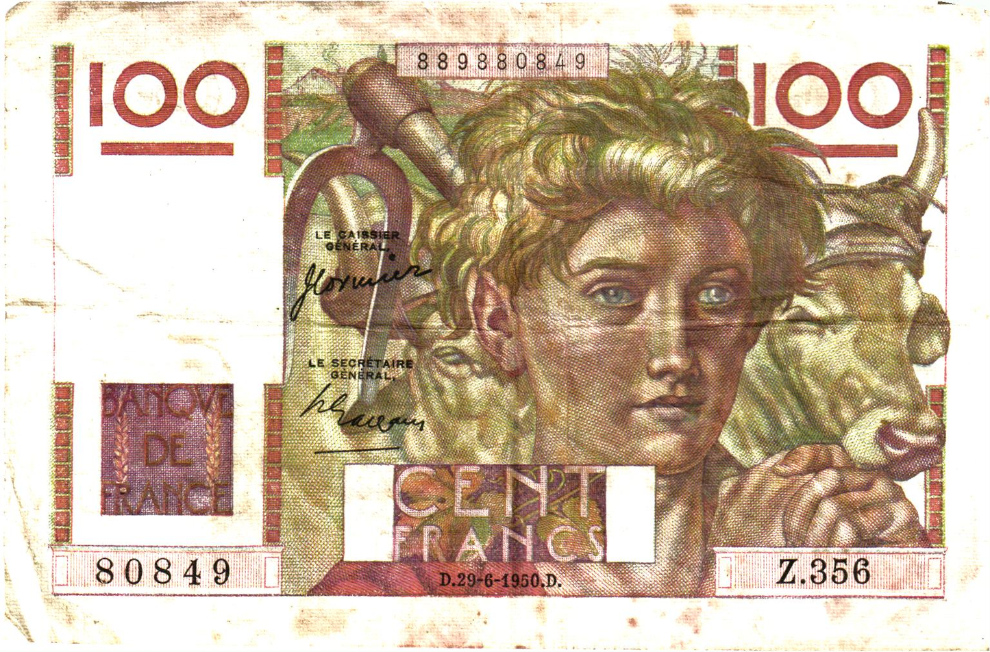 France 100 Francs 1950, Fay#28/25 - P#128c - alphabet 353-358, VG