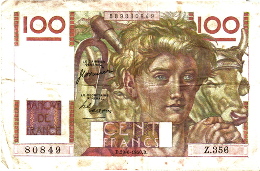 France 100 Francs 1950, Fay#28/25 - P#128c - alphabet 353-358, VG