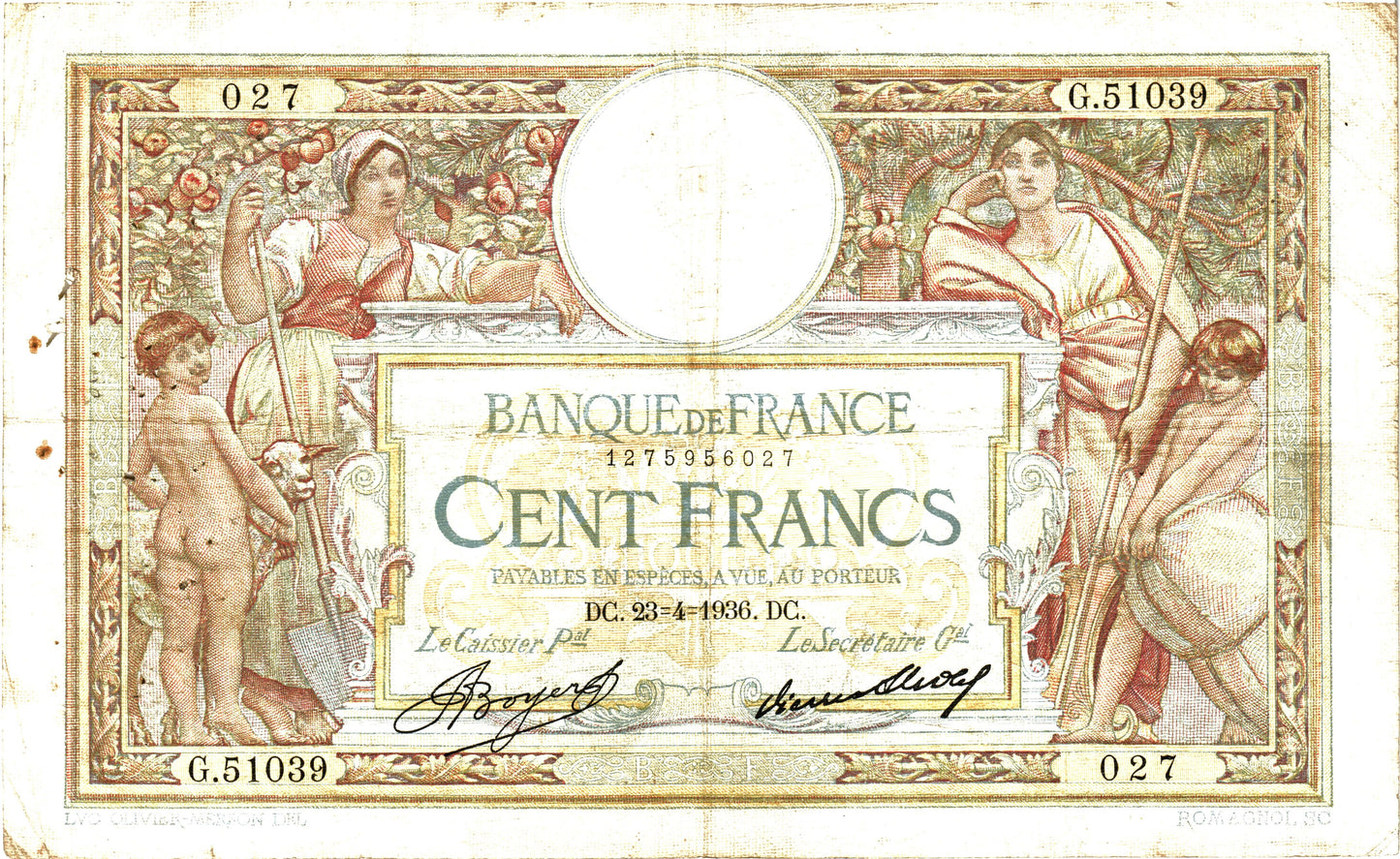 France 100 Francs 1936, P78c, VG/F