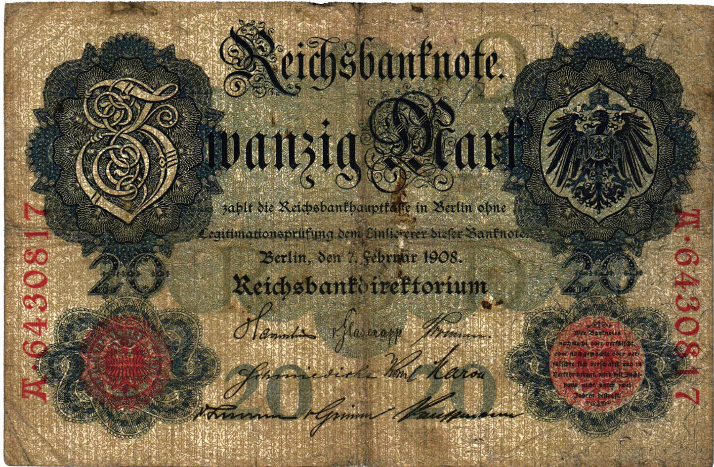 Germany : lot of 2 pieces: Reichsbanknote 20 Mark 1908 + 50 Mark 1910