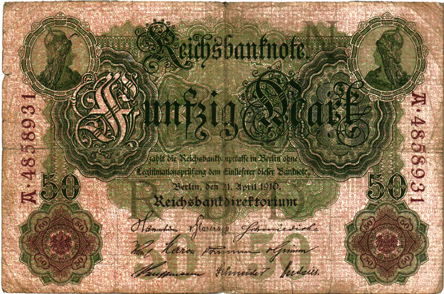 Germany : lot of 2 pieces: Reichsbanknote 20 Mark 1908 + 50 Mark 1910