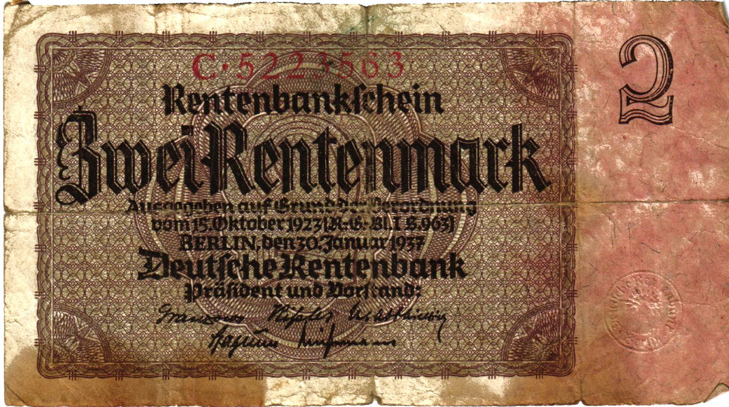 Germany 2 Rentenmark 1937, P174a, VG, rare!
