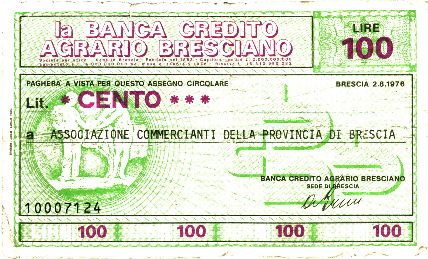 Italy 100 Lira 1976, Brescia, N298906, VG