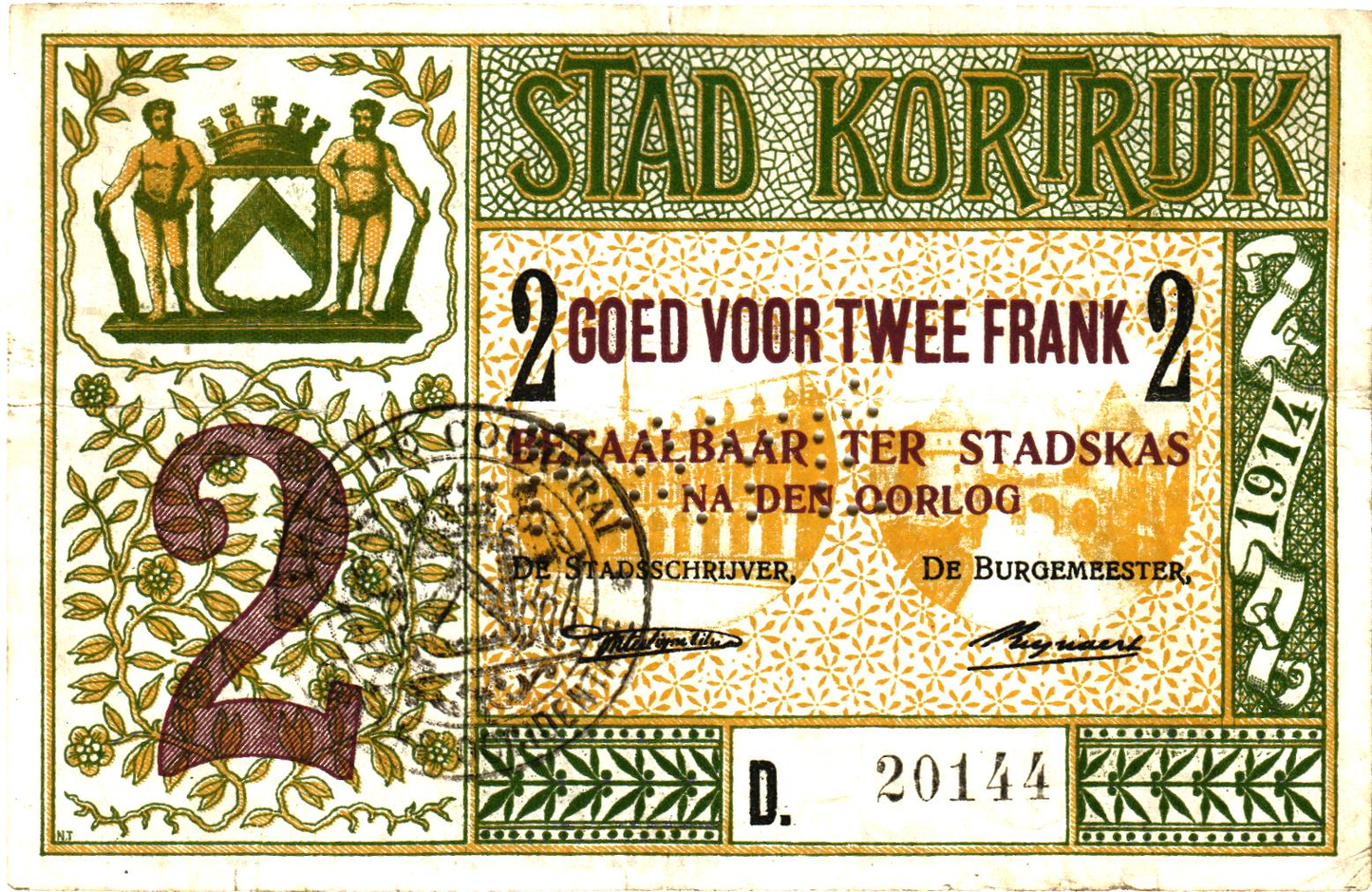 Emergency Issues Belgium Kortrijk 1914; 2 notes