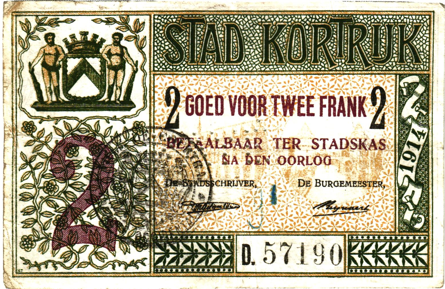 Emergency Issues Belgium Kortrijk 1914; 2 notes