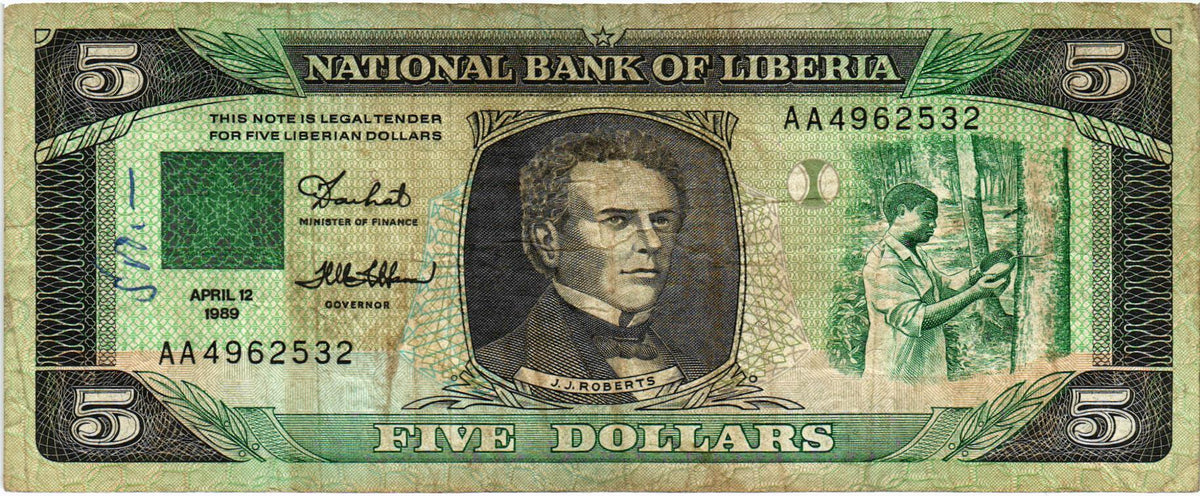 Liberia 5 Dollars 1989, P19, VG
