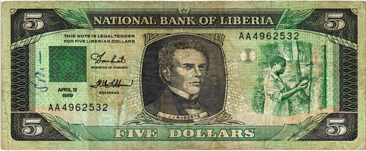 Liberia 5 Dollars 1989, P19, VG