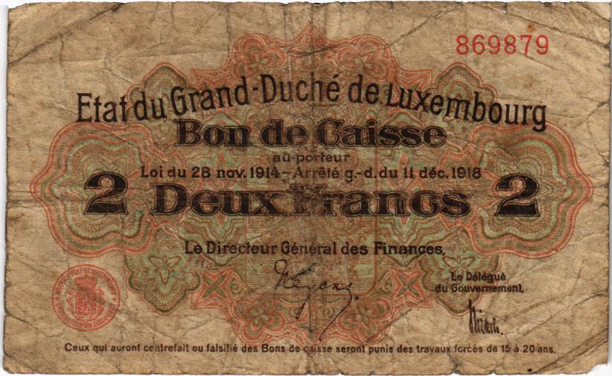 Luxembourg 2 France 1914-1918, P22, VG