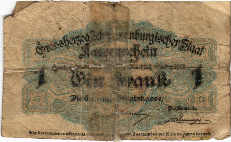 Luxembourg 1 Franc 1914-1918, P27, Poor