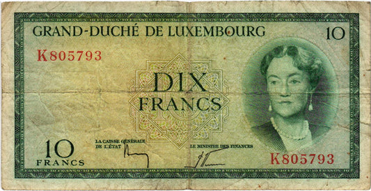 Luxembourg 10 Francs 1954, P48, aF