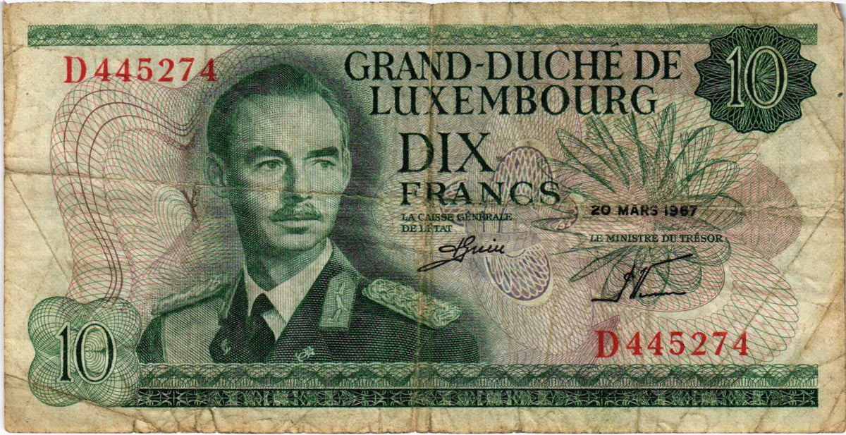 Luxembourg 10 Francs 1967, P53a, Poor