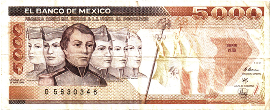 Mexico 5000 Pesos 1989 (28/3), P88c, VG