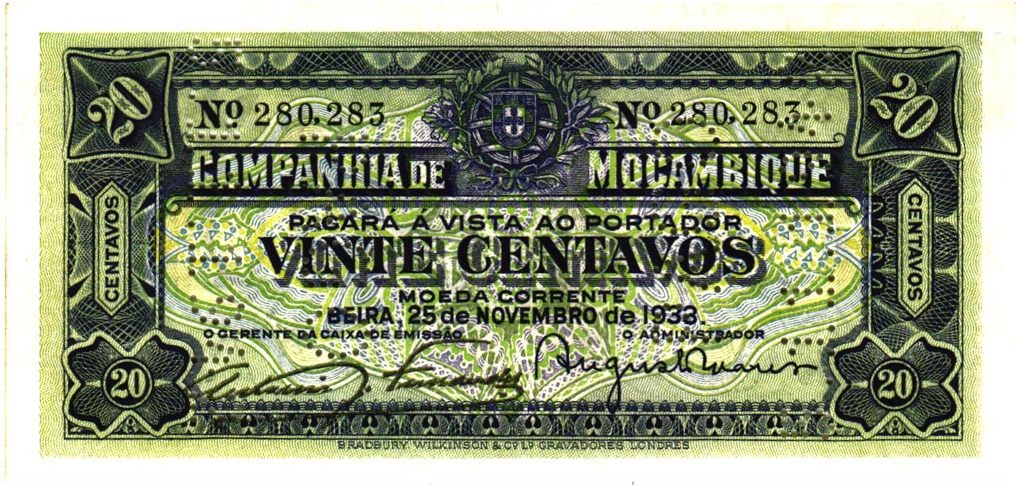 Mozambique 20 Centavos 1933, PR29, UNC