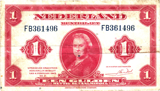 Netherlands 1 Gulden 1943, P64a, F/VF