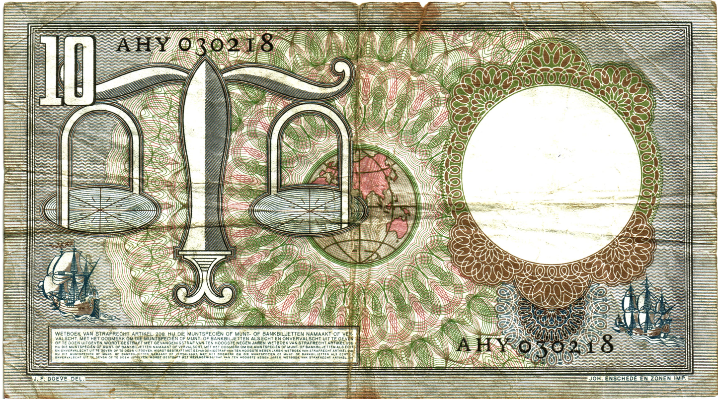 Netherlands 10 Gulden 1953, P85, F/VF