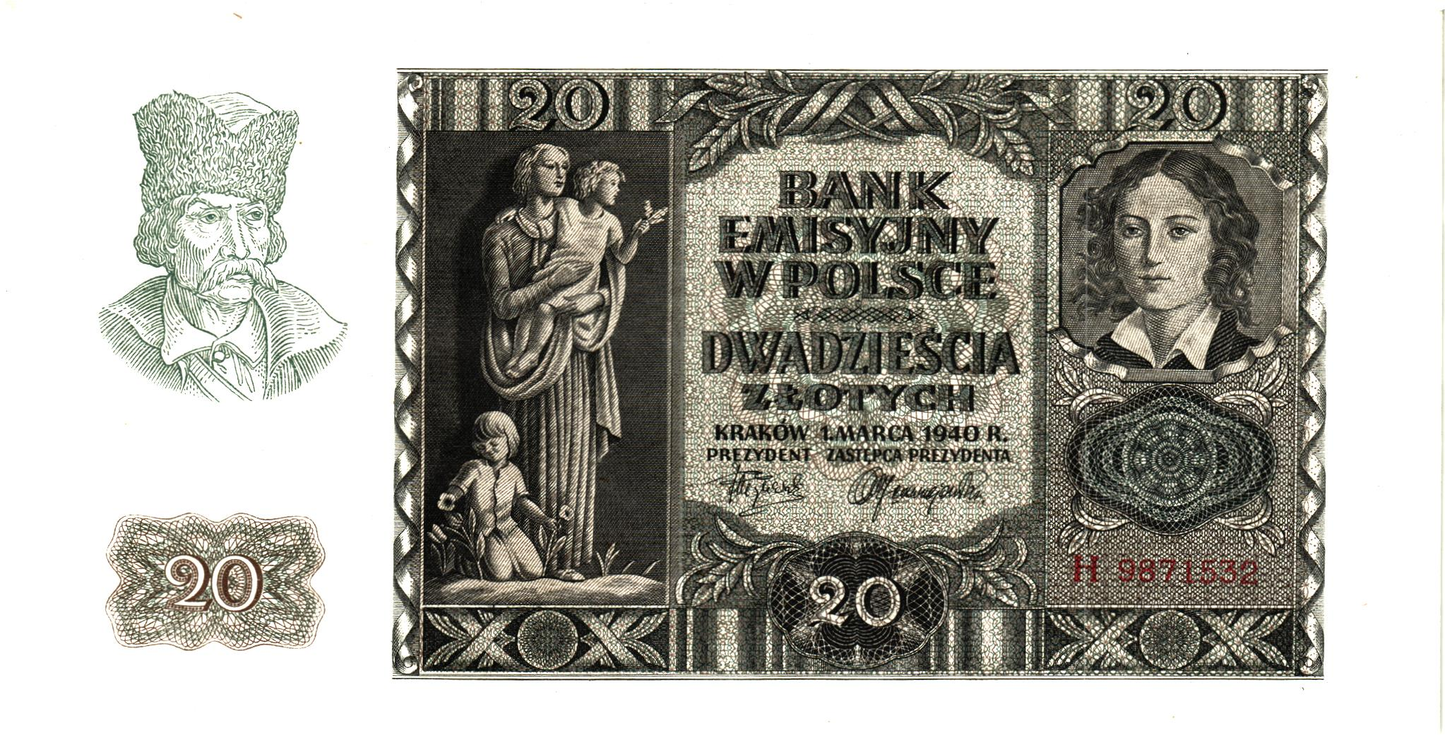 Poland 20 Zlotych 1940, P95, XF